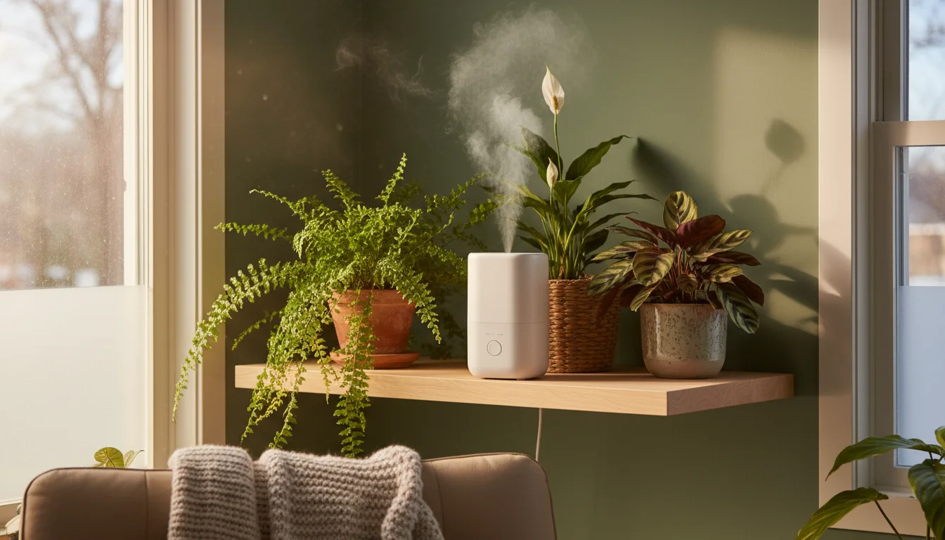 A compact humidifier releases mist among a small collection of thriving houseplants, including ferns and calatheas, on a shelf.