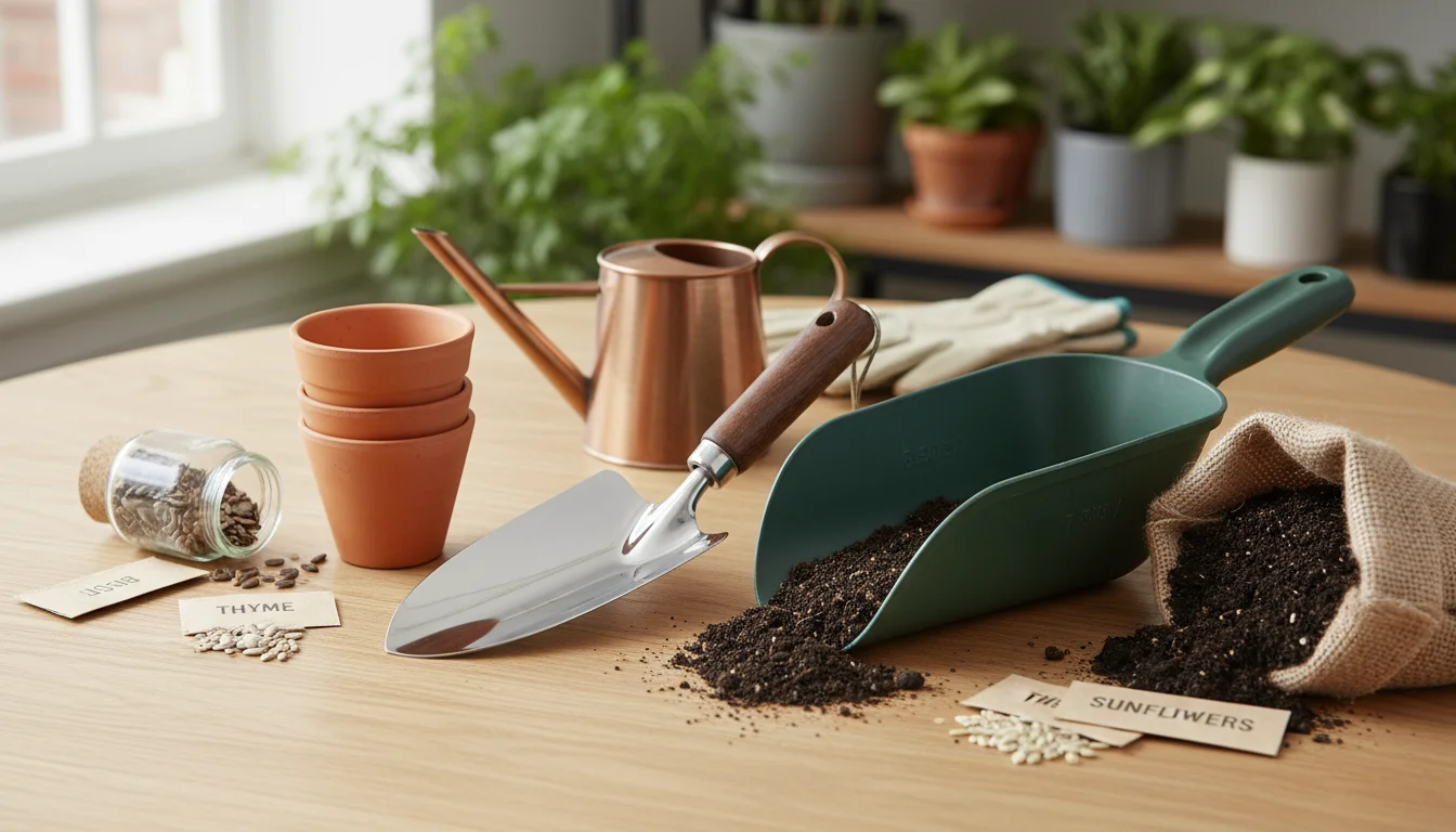 Compact indoor gardening tools: a stainless steel trowel with a pointed tip, a durable plastic scoop with raised edges, and a small terracotta pot arr