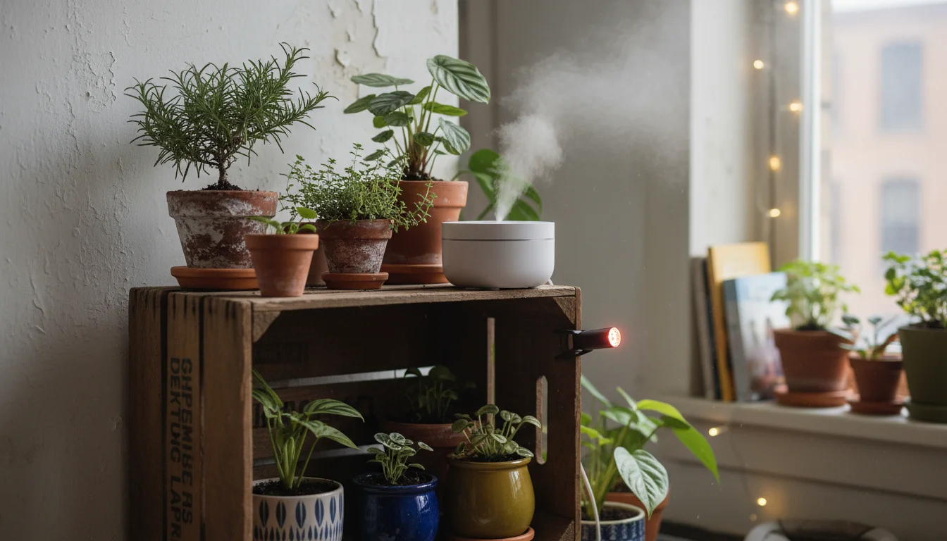 Compact indoor plant setup with a running humidifier, small fan, thermometer, and various potted plants on a wooden crate shelf.