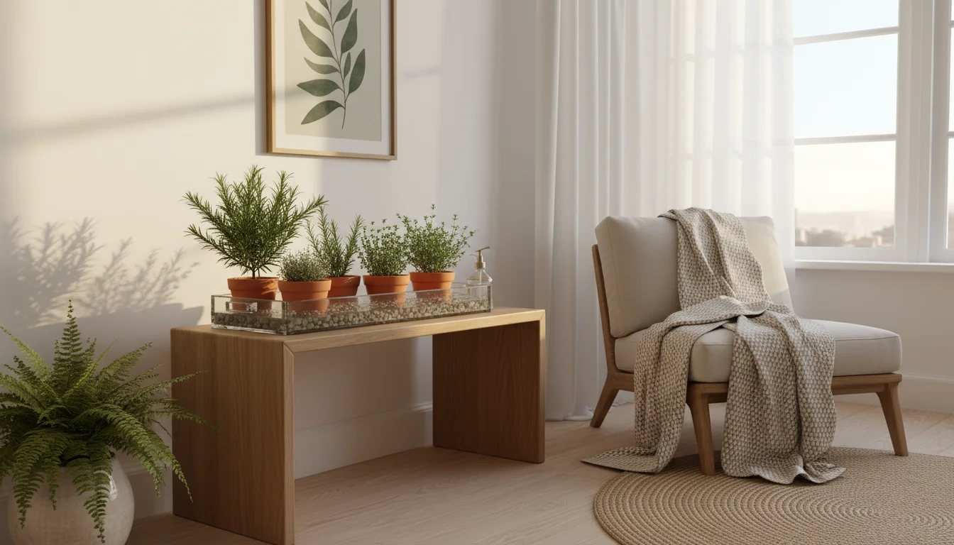 Compact indoor propagation tray with rosemary and thyme cuttings in terracotta pots on a wooden table in a well-lit living room corner.