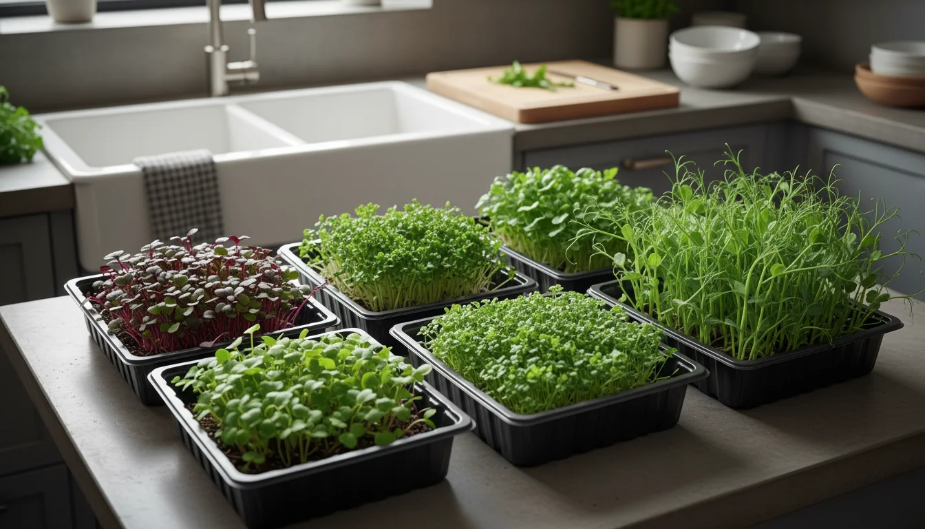 Compact kitchen counter with several trays of vibrant microgreens spaced out, and a small oscillating fan gently circulating air nearby.