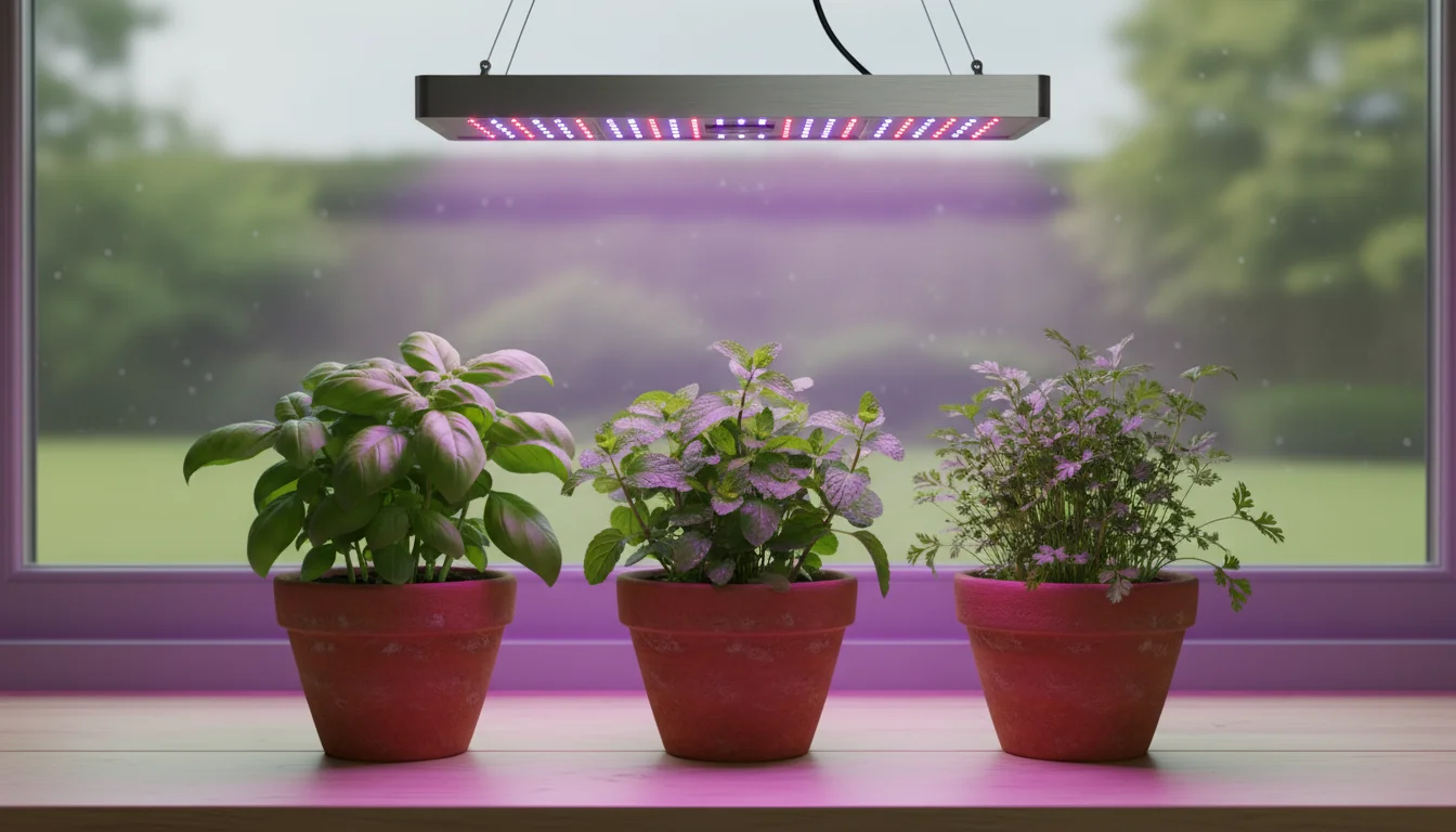 Compact LED grow light illuminating three vibrant potted herbs (basil, mint, cilantro) on a kitchen windowsill, with natural light.