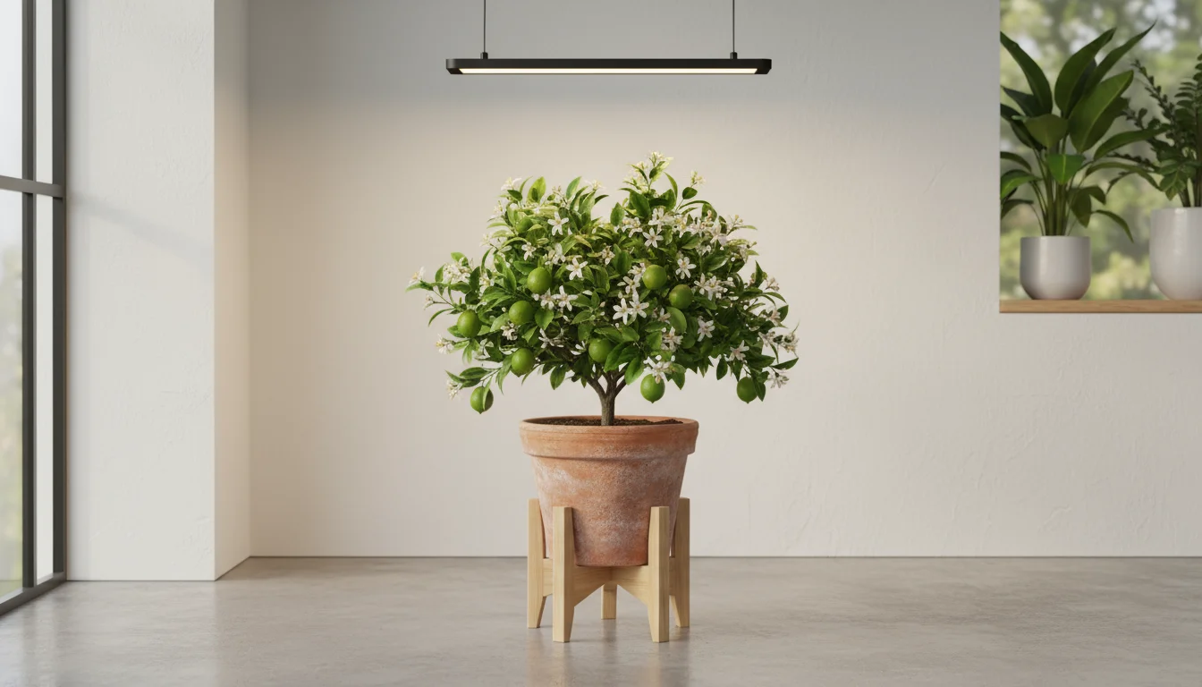Compact Meyer lemon tree with small green lemons and white flowers thriving under a LED grow light on a light wooden stand.