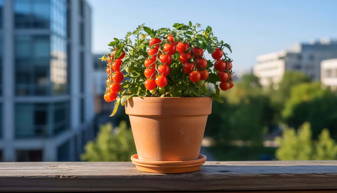 A compact micro-tomato plant, laden with ripe red tomatoes, growing in a small terra-cotta-colored pot on a sunlit wooden balcony railing.