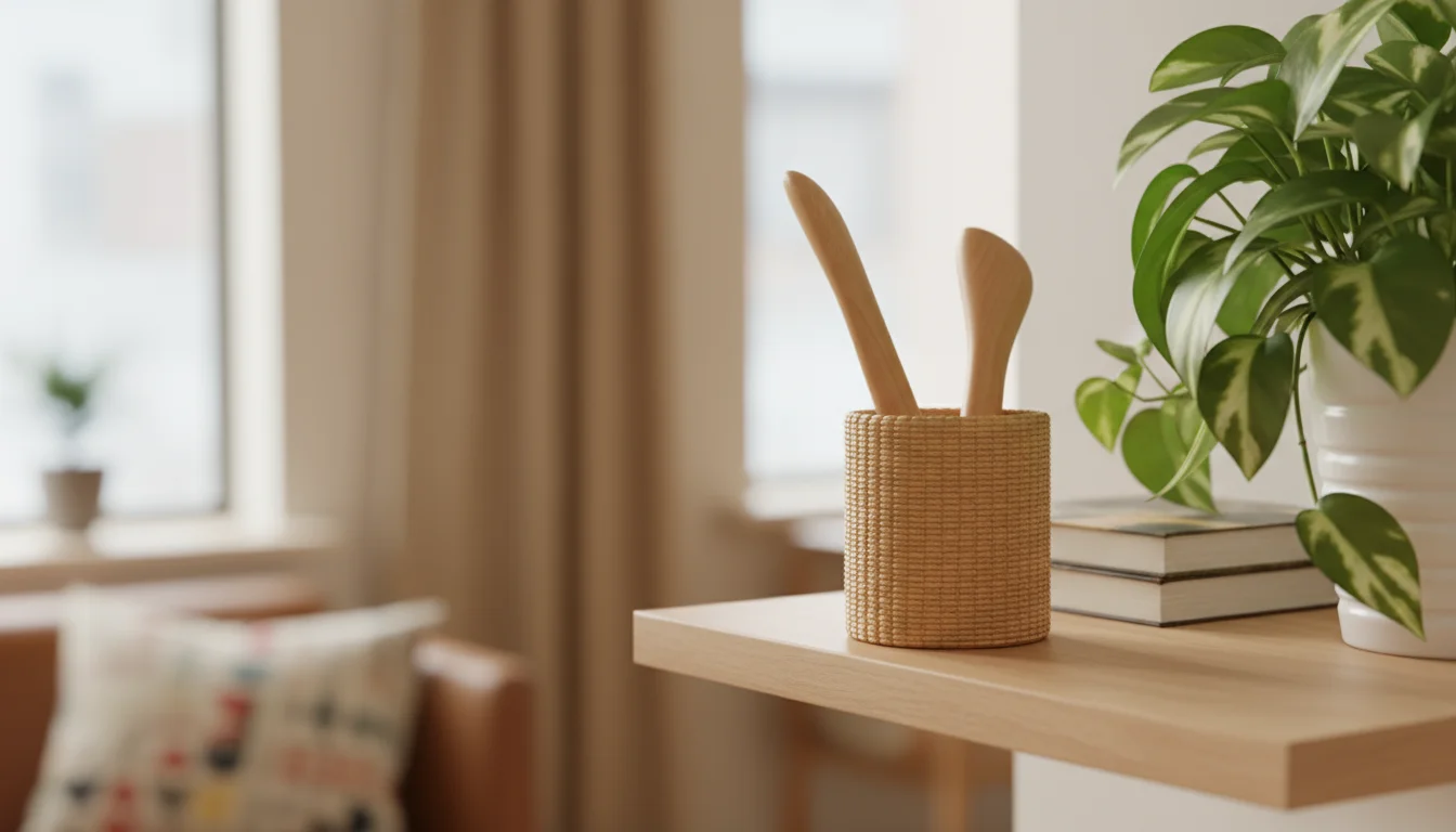 A compact, natural wood-handled brush and matching dustpan sit in a woven caddy on a wooden shelf next to a potted houseplant with variegated leaves.