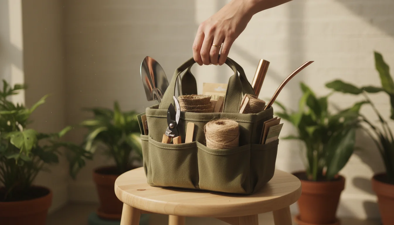 A compact olive-green canvas gardening caddy, filled with plant tools, sits on a wooden stool by a bright window. A hand reaches for its handle next t