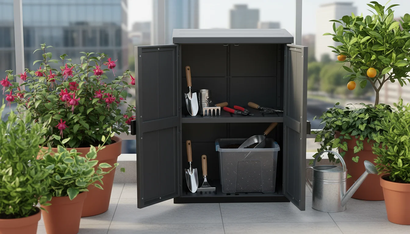 A compact, open gray resin storage cabinet on an urban balcony, showing neatly stored gardening tools and potting mix amidst container plants.