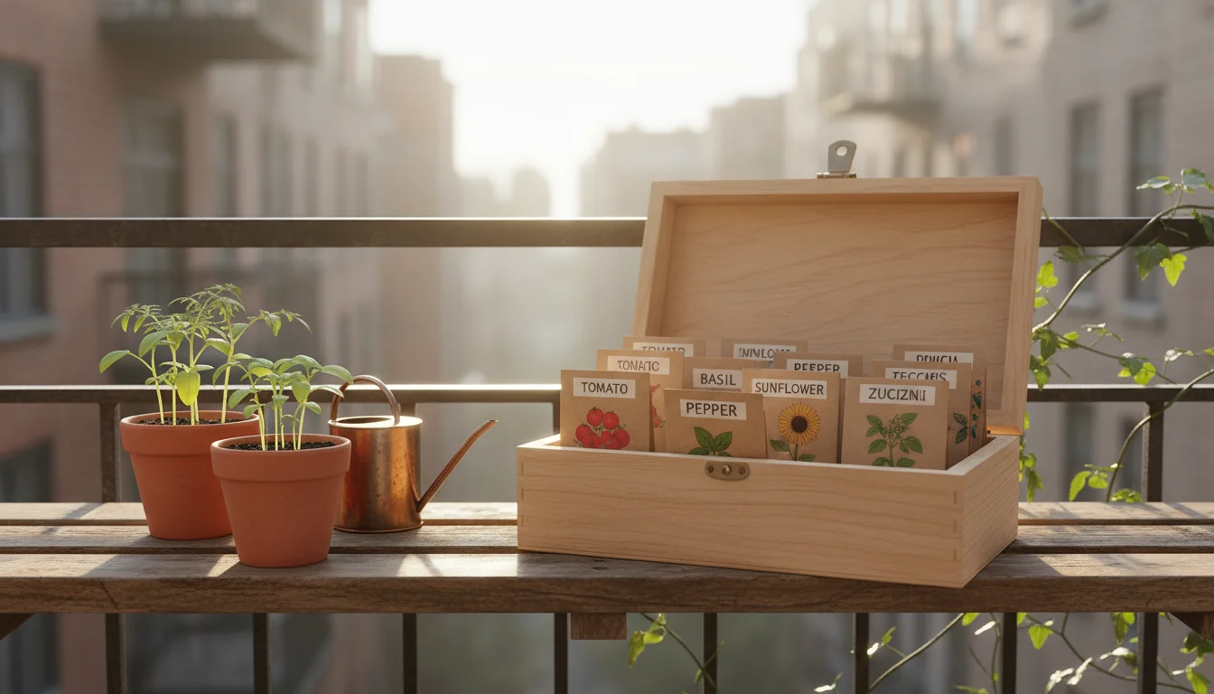 A compact, open wooden seed storage box filled with neatly organized, labeled seed packets sits on a rustic shelf on an urban balcony, with small pott