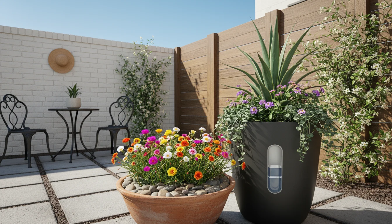 A compact patio corner featuring various water-wise container plants: vibrant Portulaca mulched with river stones, succulents in a modern self-waterin