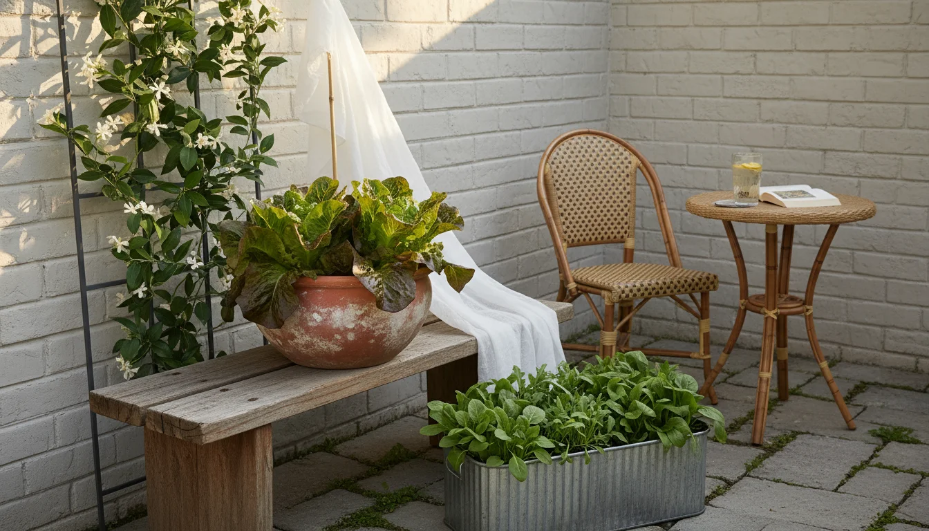 Compact patio garden with lettuce under shade cloth and spinach in a mini-hoop house, showcasing seasonal adaptation for year-round greens.
