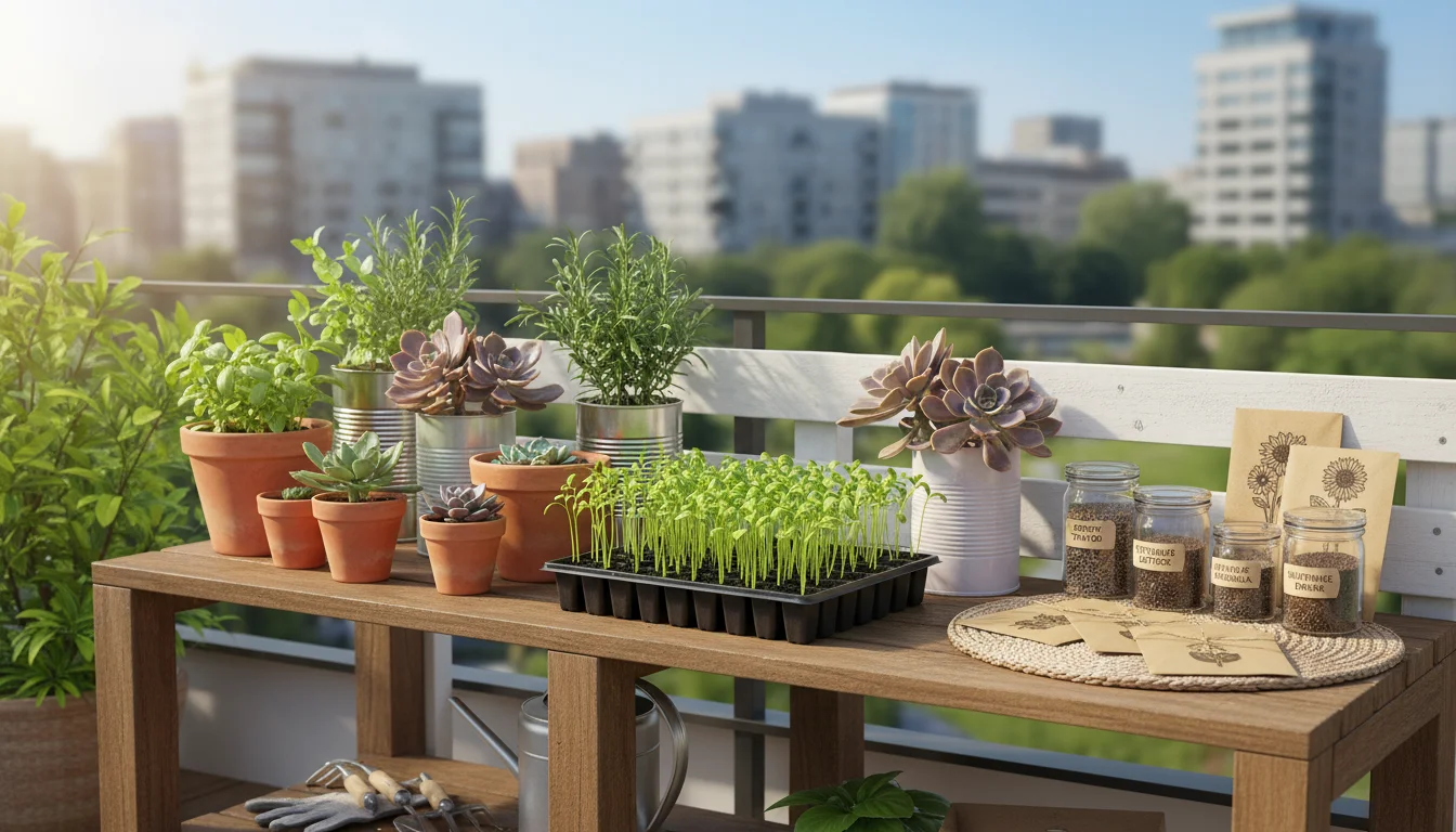 A compact patio gardening station with seedlings in a tray, plant cuttings in pots, and labeled jars of saved seeds.