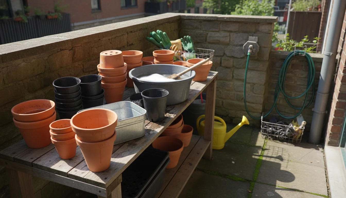 A compact patio pot cleaning station with various terracotta and plastic planters, some drying, others soaking in a bucket with a scrub brush.