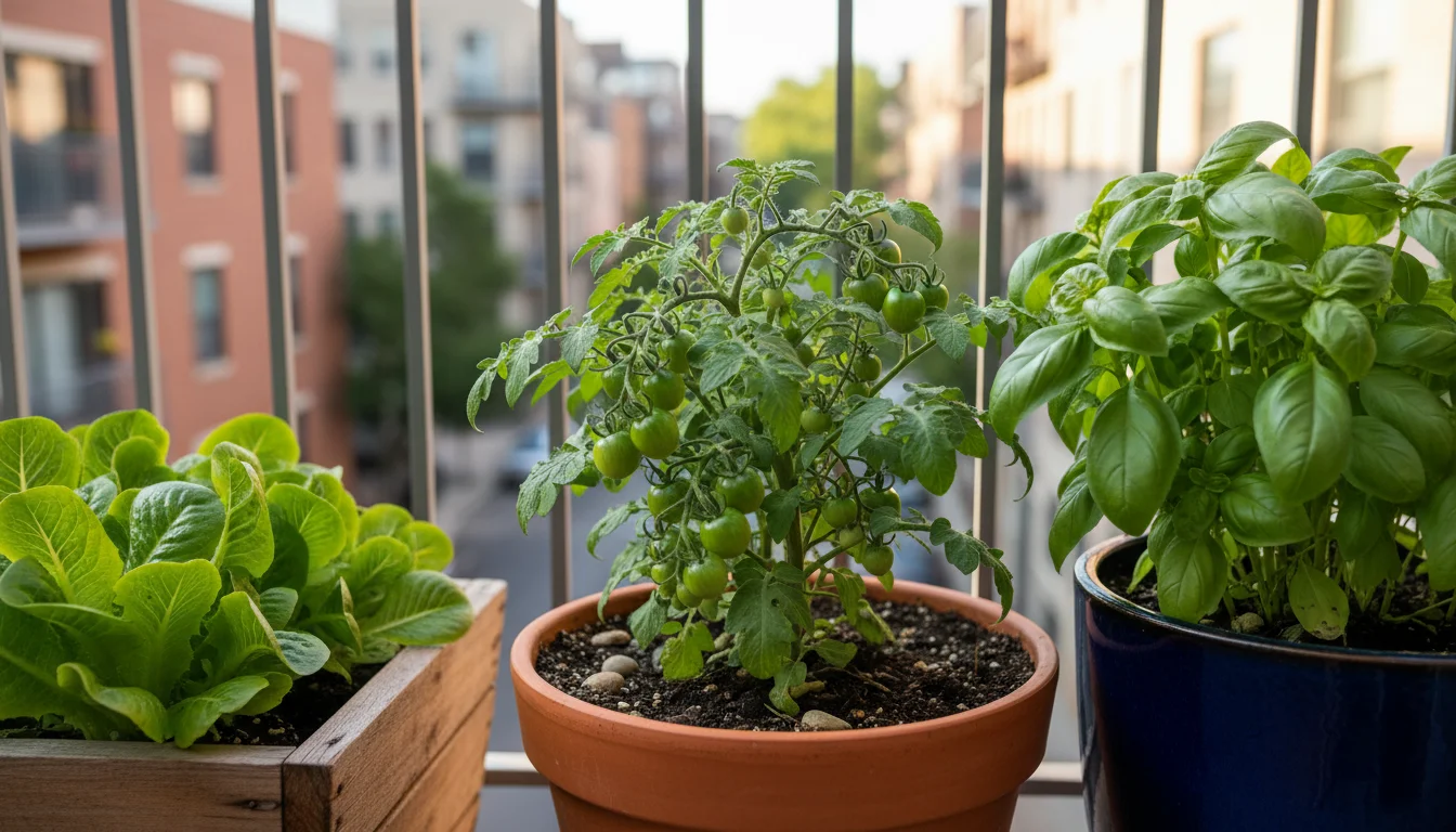 A compact 'Patio Princess' tomato plant, 'Little Gem' lettuce, and bush basil thriving in various pots on a small urban balcony.