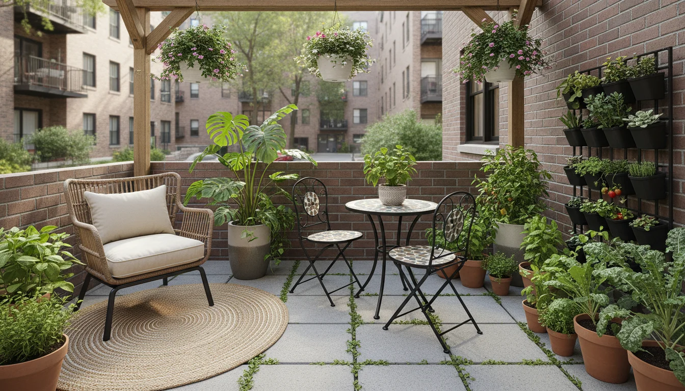 A compact patio's relaxation, dining, and growing zones defined by a tall planter, rug, and various container plants under soft natural light.