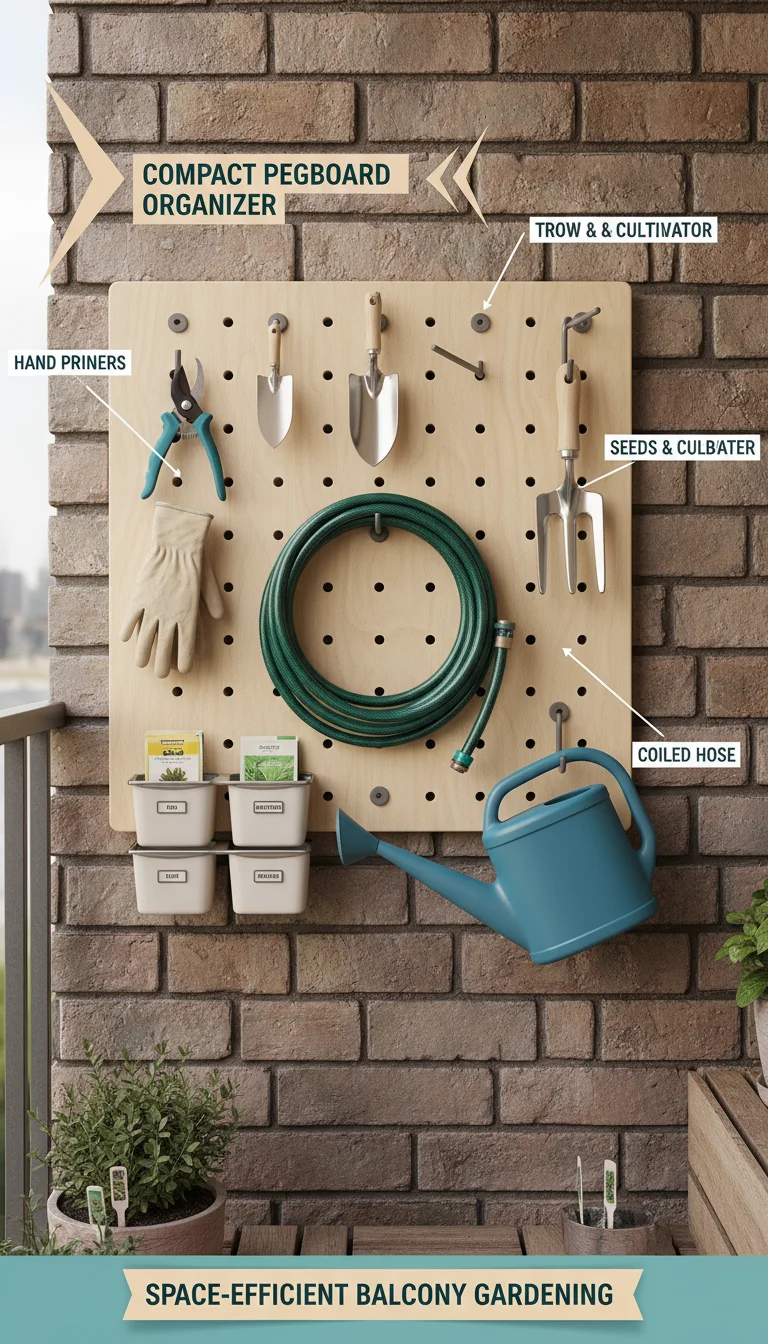 A compact pegboard on a balcony wall holding essential gardening tools. It shows efficient vertical organization for small spaces.