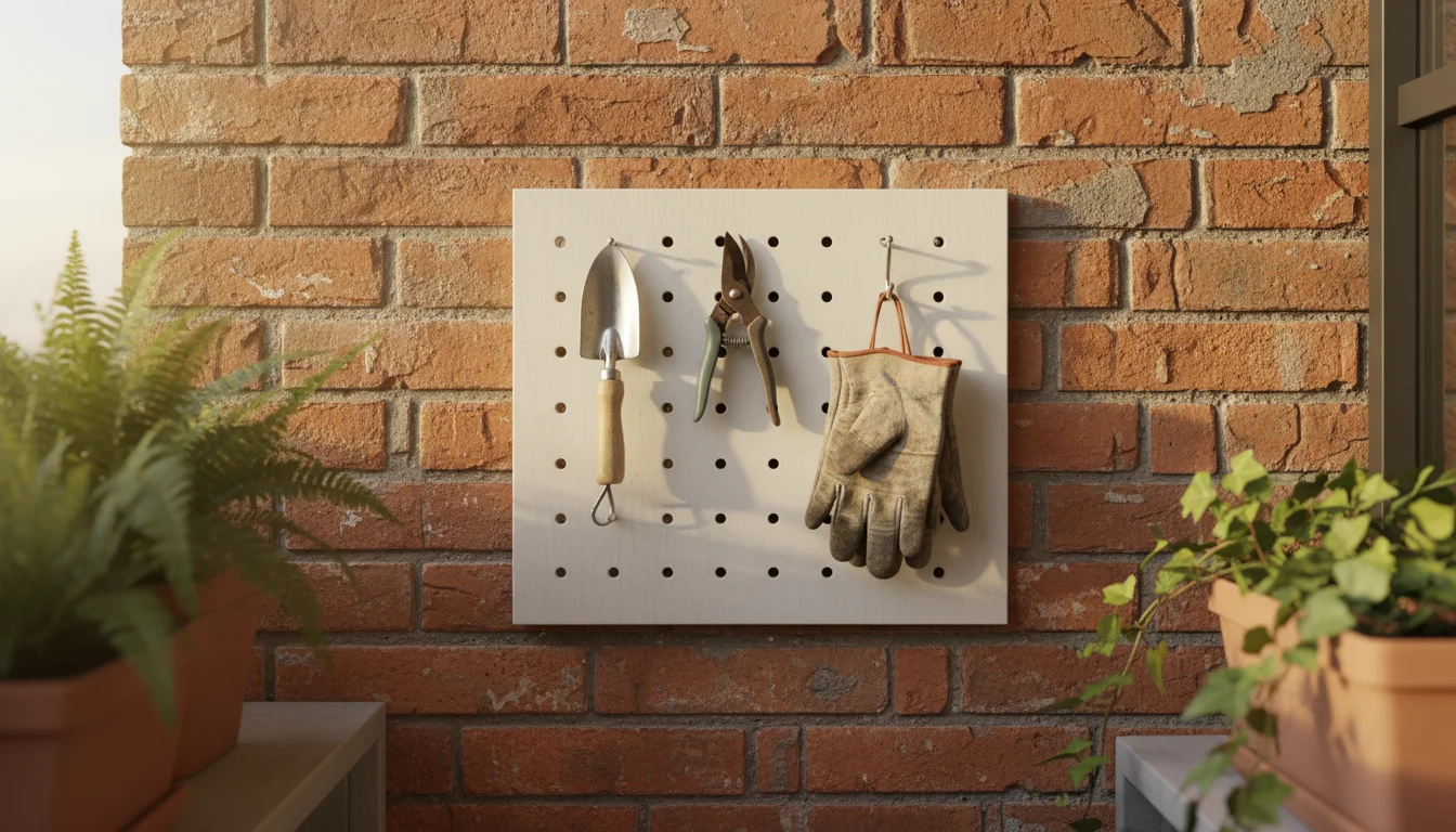 Compact pegboard on a weathered brick balcony wall, neatly displaying a trowel, pruner, and gardening gloves under soft morning light.