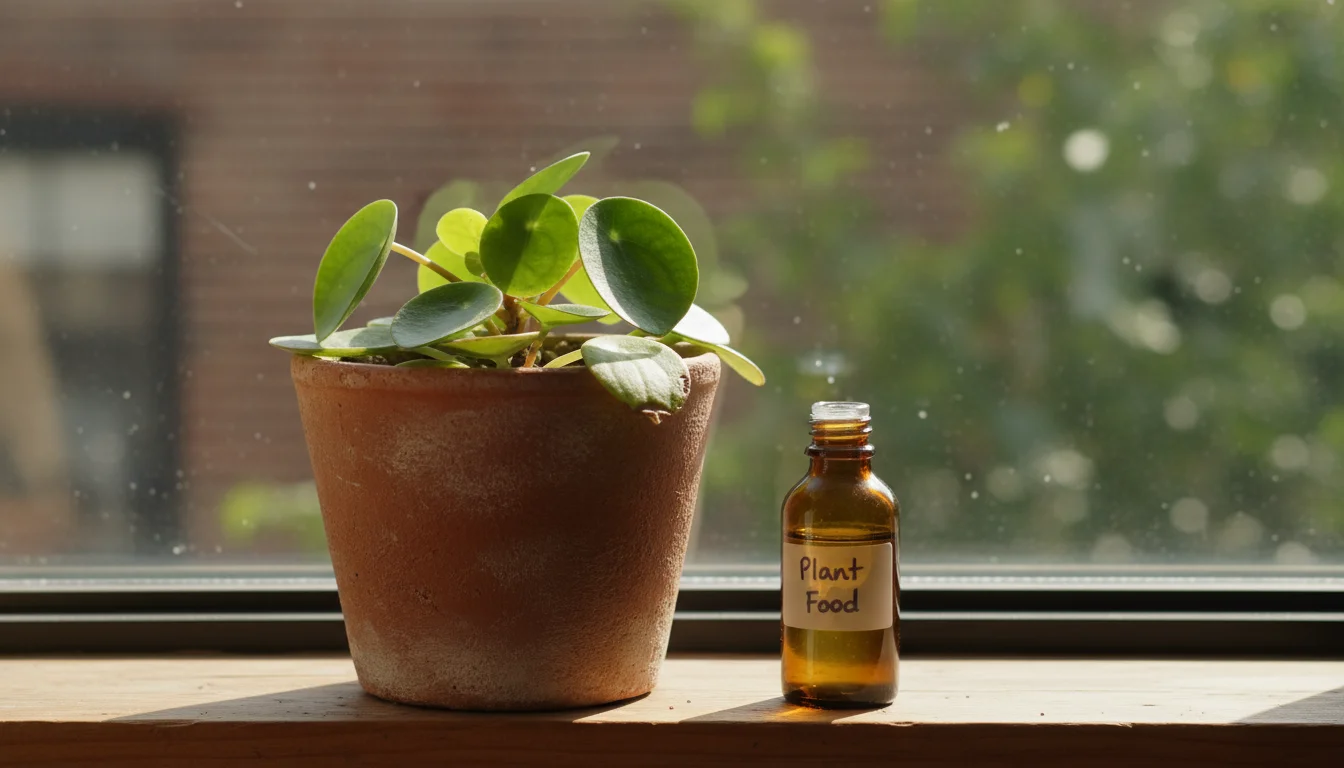 Compact peperomia houseplant in terracotta pot on a windowsill, subtly stressed, with an open liquid fertilizer bottle nearby.