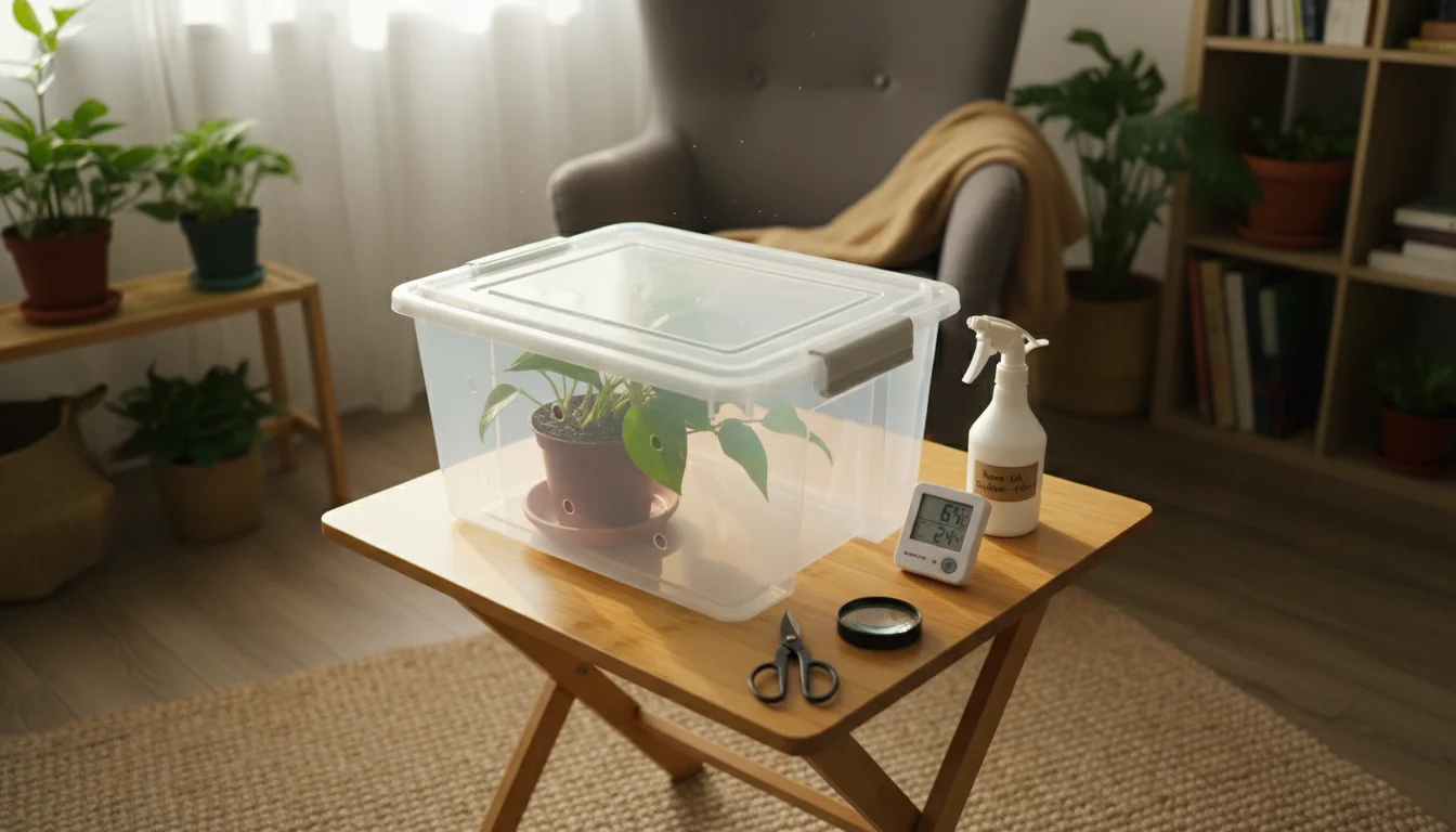 View of a compact plant quarantine area on a small wooden table, featuring a clear plastic container with a plant, separated by a sheer curtain.
