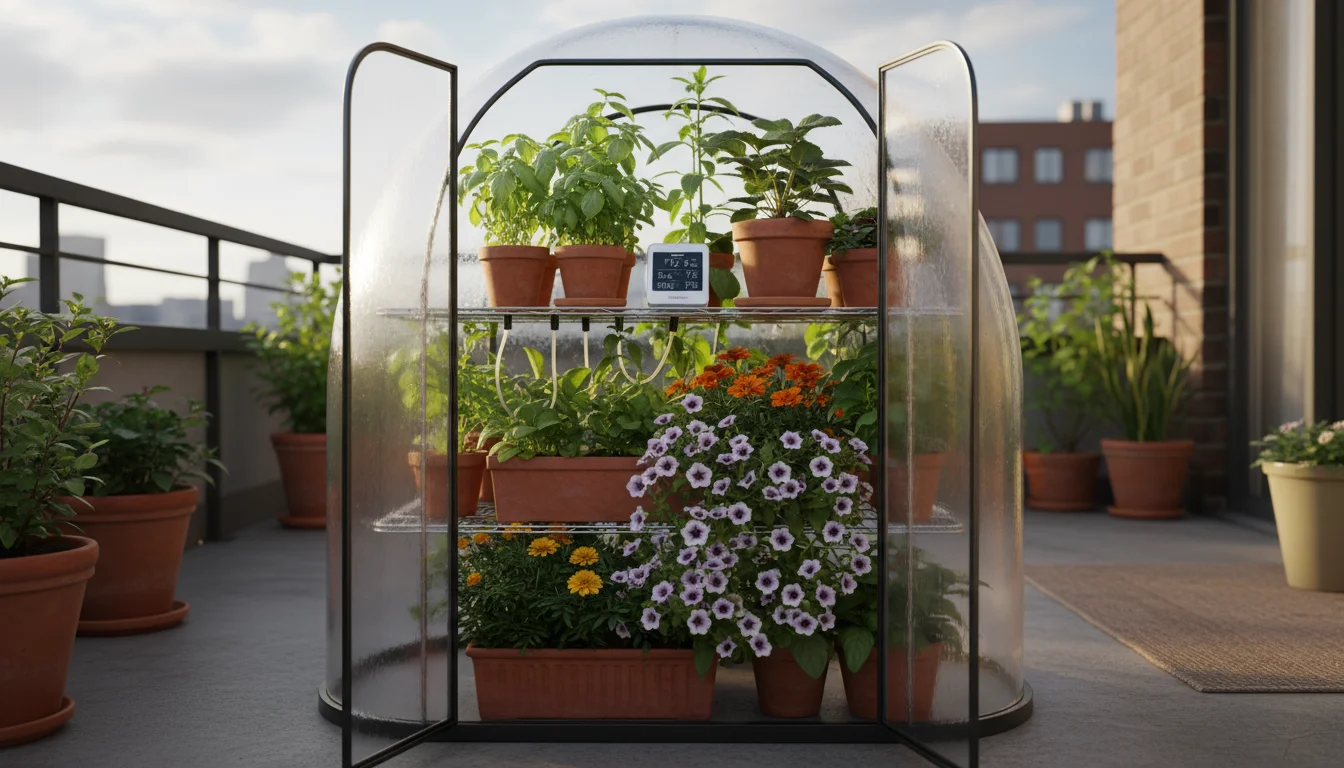 Compact plastic mini-greenhouse on a balcony with potted plants, a small environmental sensor, and a clip-on fan; a hand reaches in.