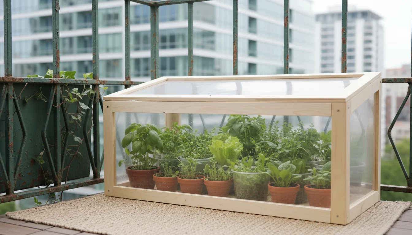 A compact clear polycarbonate cold frame with small potted plants inside sits on an urban balcony during an overcast fall day.