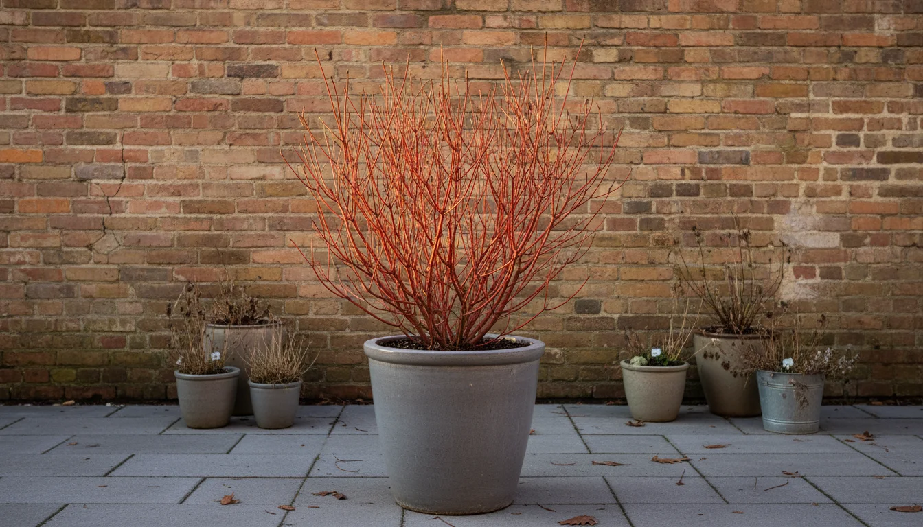 A compact Red Twig Dogwood in a large gray pot on an urban patio. Its bright red stems catch soft winter light.
