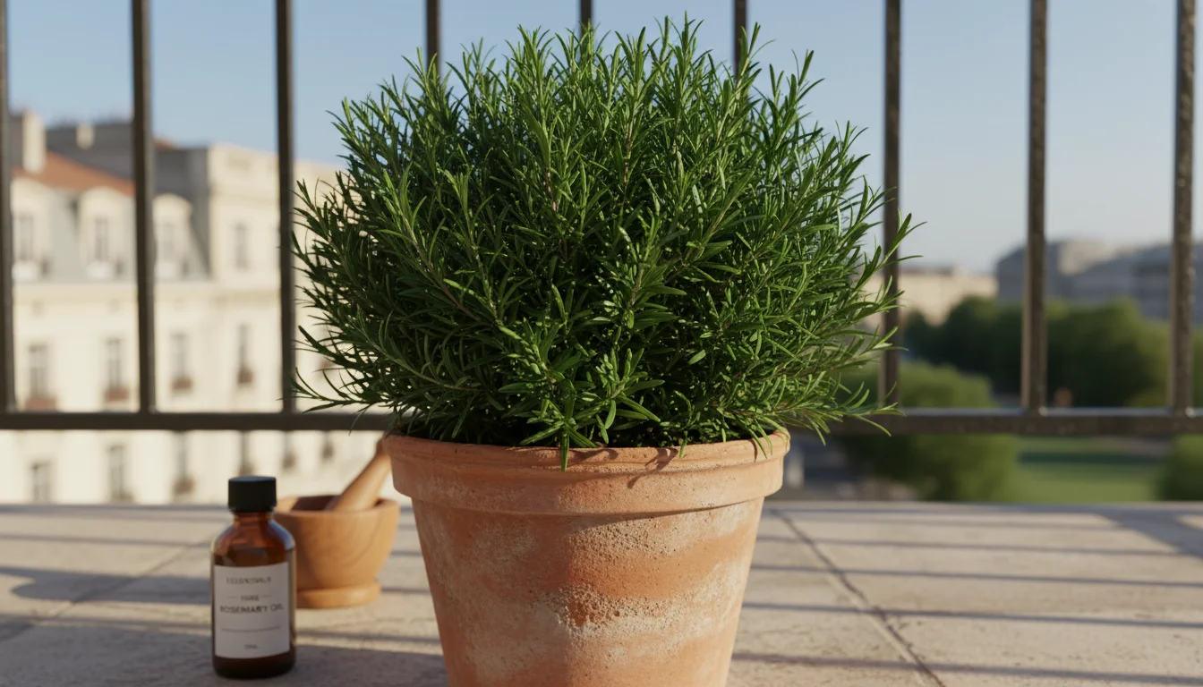 A compact rosemary plant thrives in a terracotta pot on a sunny balcony, with organic liquid fertilizer and a miniature watering can nearby.