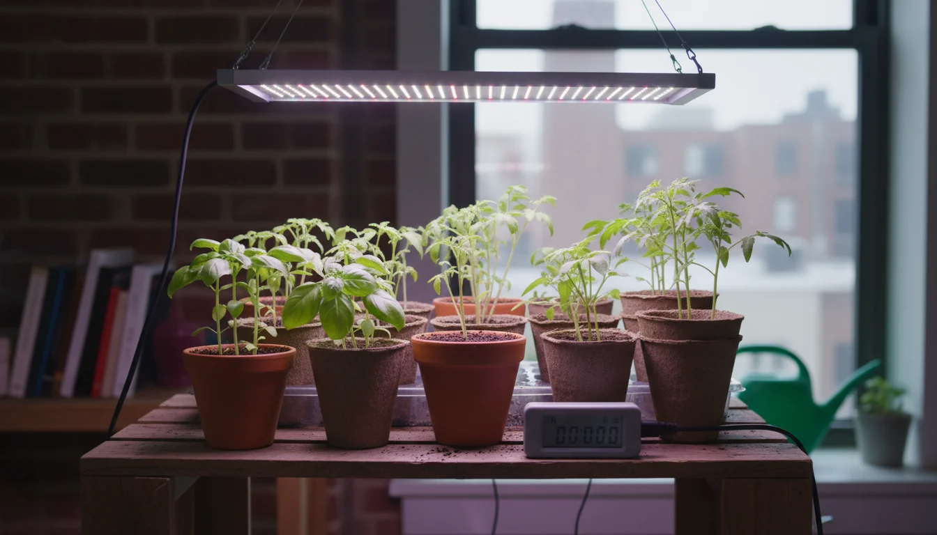 Close-up of a compact seedling station with a bright LED grow light above young basil, tomato, and flower plants in pots. A digital timer is visible.