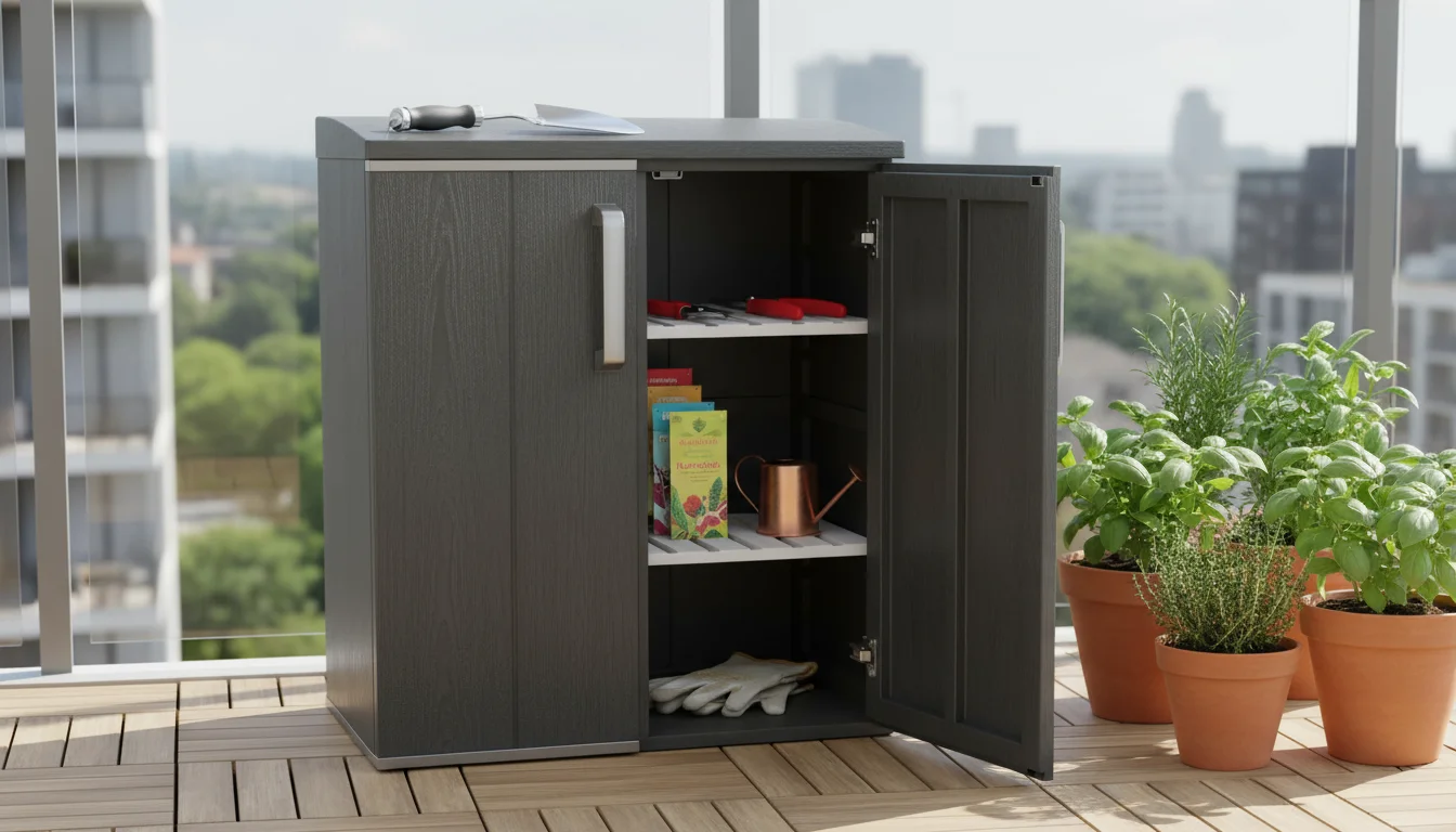 A compact, stylish outdoor cabinet on a small patio with one door ajar, revealing neatly organized small gardening tools inside, near potted herbs.
