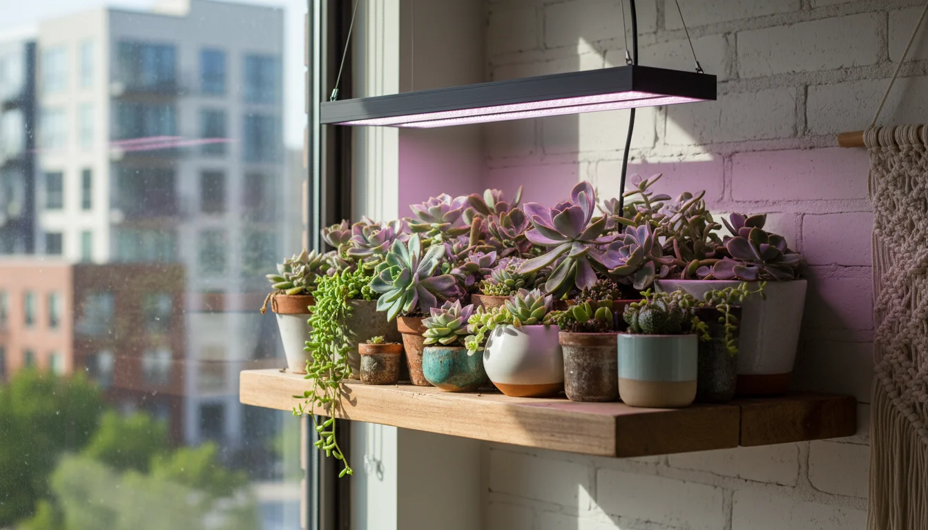 Compact succulents in terracotta pots thriving under a white LED grow light on a light wood shelf, demonstrating close proximity for winter.