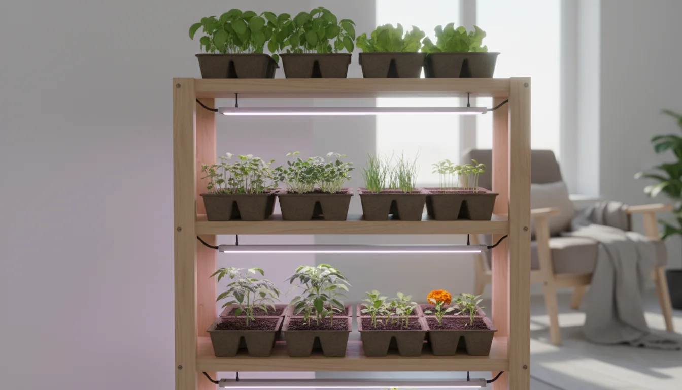 Compact three-tier seed starting shelf with vibrant green seedlings thriving under close-mounted LED grow lights in an apartment corner.