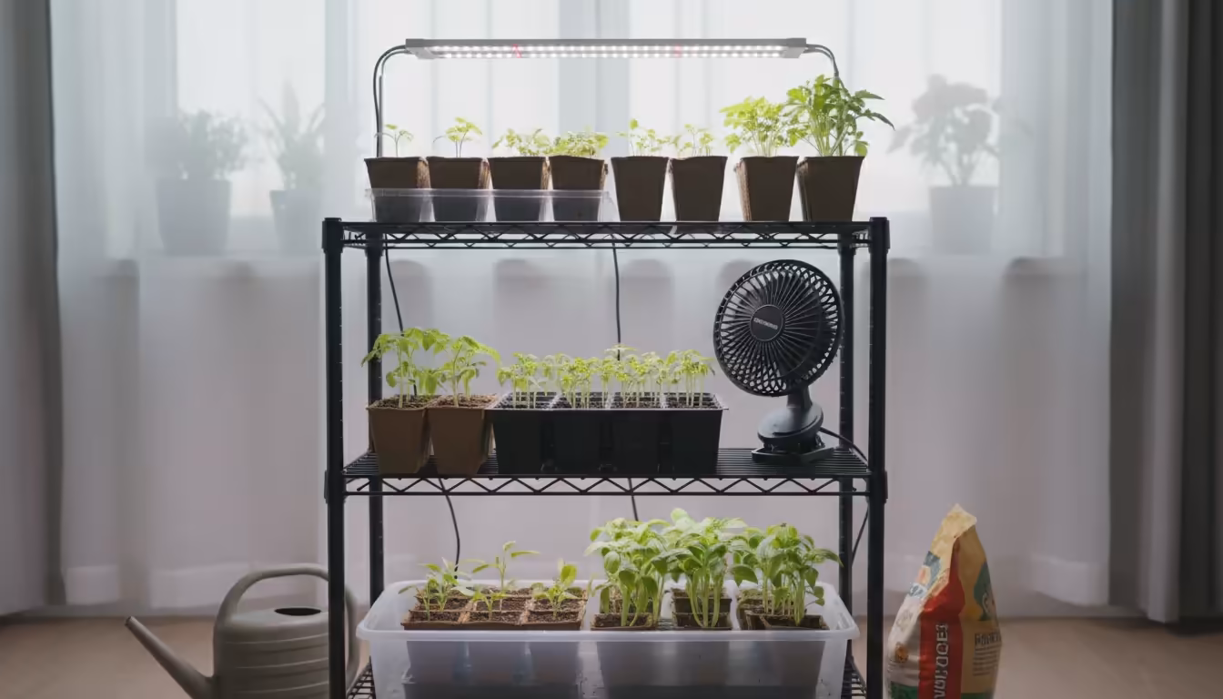 Compact three-tier seed starting station in an apartment with healthy seedlings, a suspended LED grow light, and a small clip-on oscillating fan.