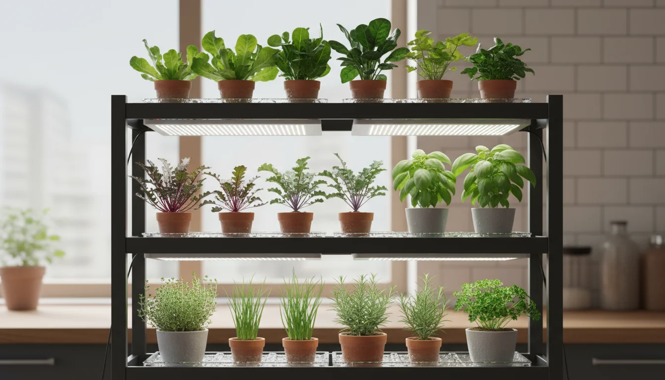 A compact three-tiered metal shelf unit brightly lit by LED grow lights, filled with various potted herbs and leafy greens.
