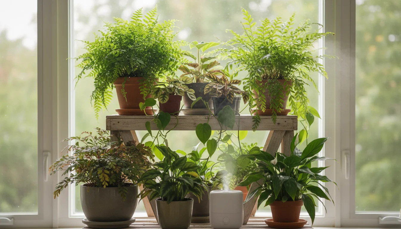 A compact, tiered plant stand near a window filled with dense, lush ferns and other houseplants, appearing vibrant.