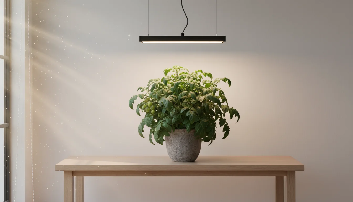 Eye-level view of a compact tomato plant in a grey pot under a warm-white LED grow light on a light wood table.