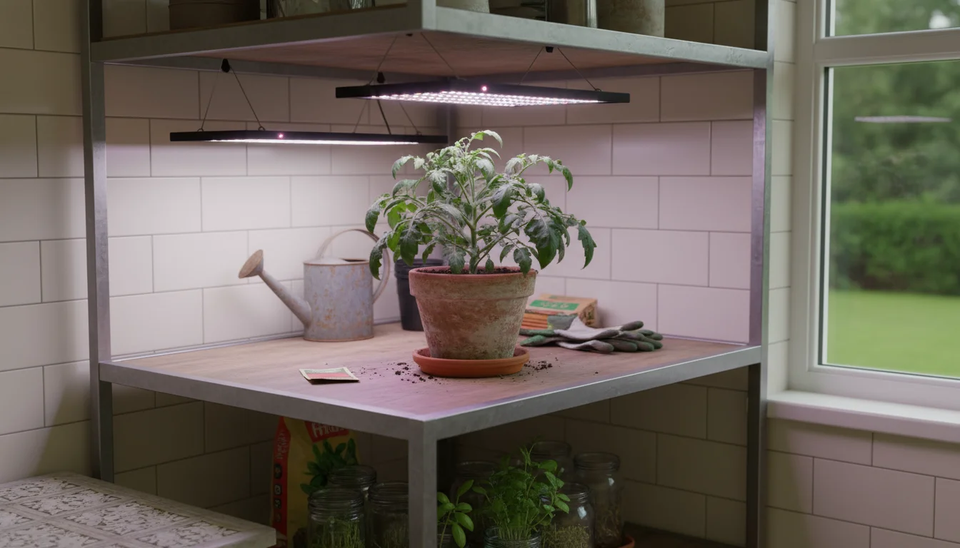 Compact tomato plant thriving under an LED grow light, with a T5 fluorescent tube and a CFL bulb in a clamp lamp visible nearby as alternatives.