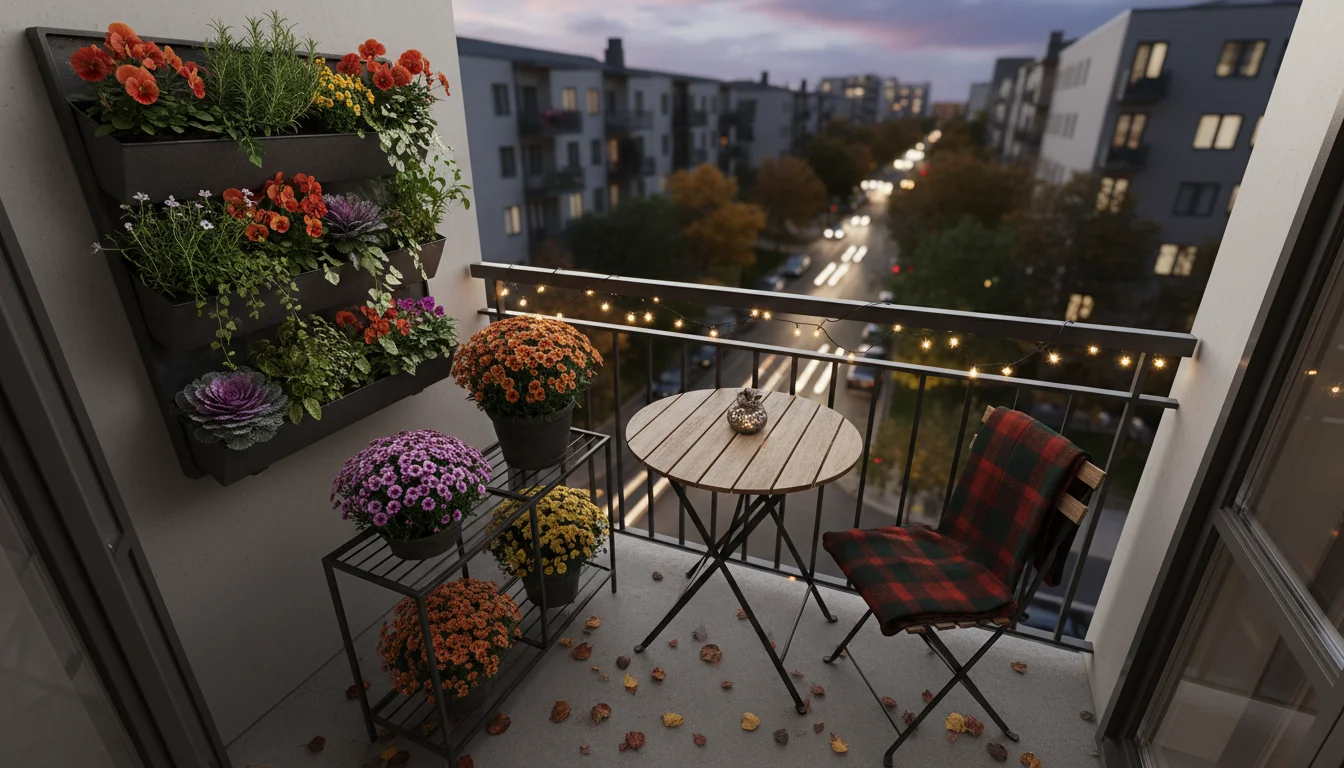 Compact urban balcony corner at dusk, showing a vertical garden, tiered plant stand, and stacked folding furniture.