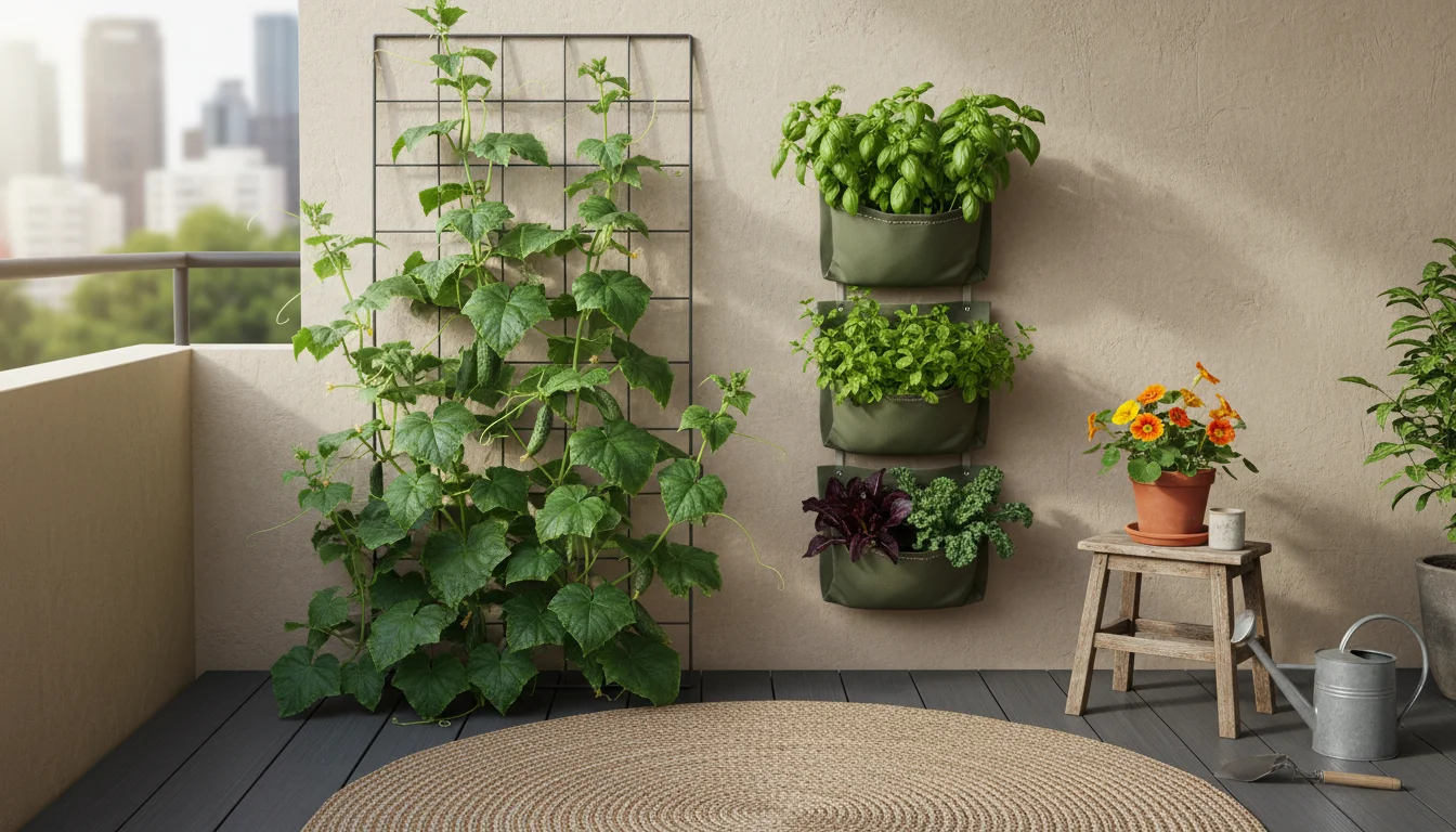 A compact urban balcony with a dark metal trellis supporting a cucumber plant and tiered fabric wall planters filled with herbs.