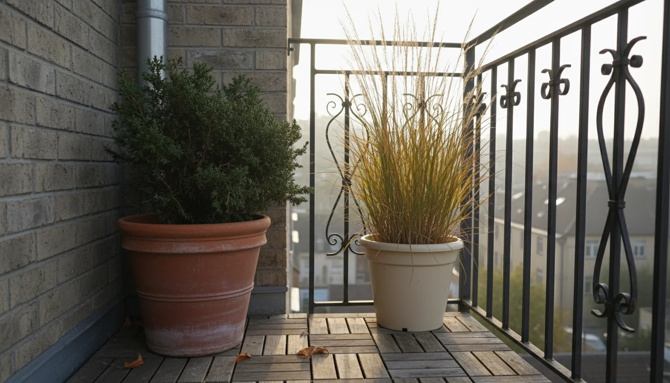 A compact urban balcony. A sturdy shrub by the wall appears sheltered; ornamental grass by the open railing sways, showing exposed zone.