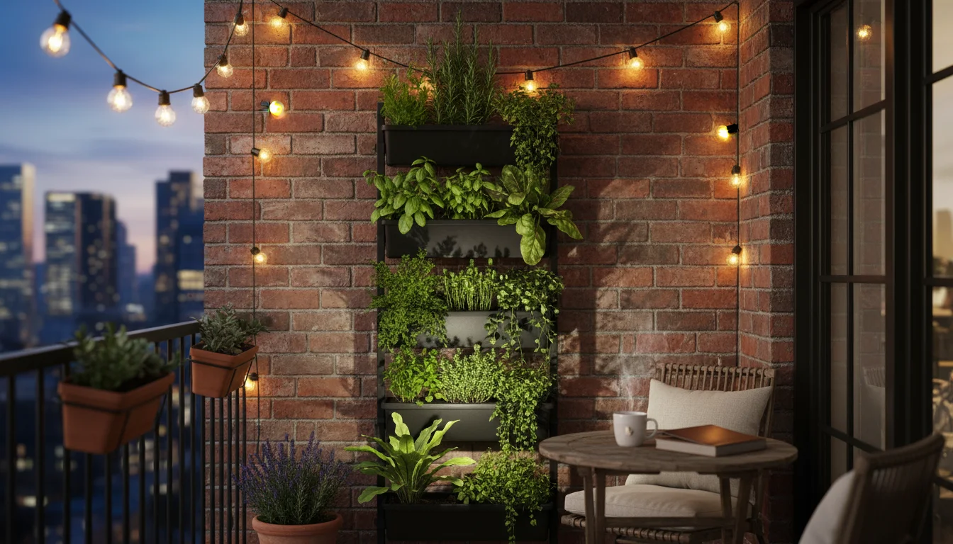 Compact urban balcony at twilight with layered lighting: warm string lights, plant uplights, task lighting on a grill, and a glowing lantern.