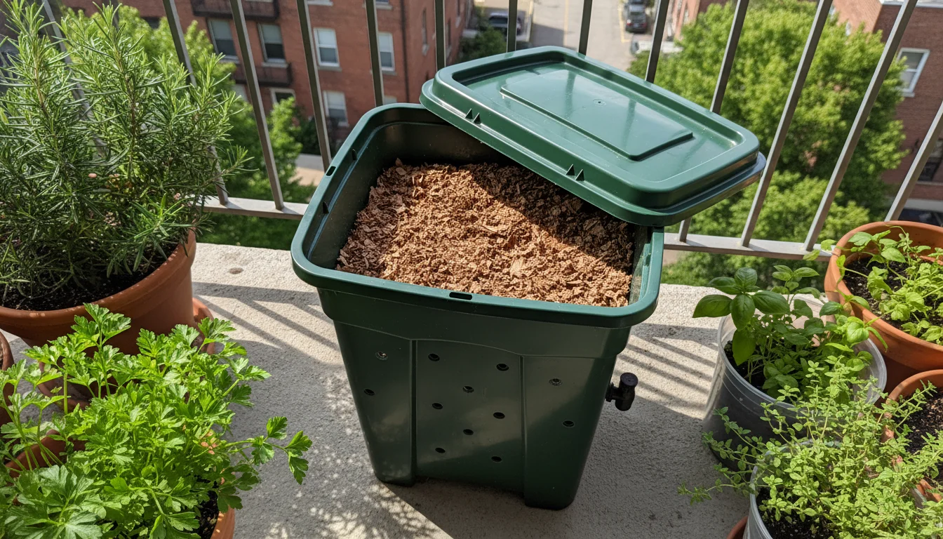 Overhead view of a compact vermicompost bin with a tight-fitting lid slightly ajar, revealing a clean layer of browns on a sunlit urban balcony.