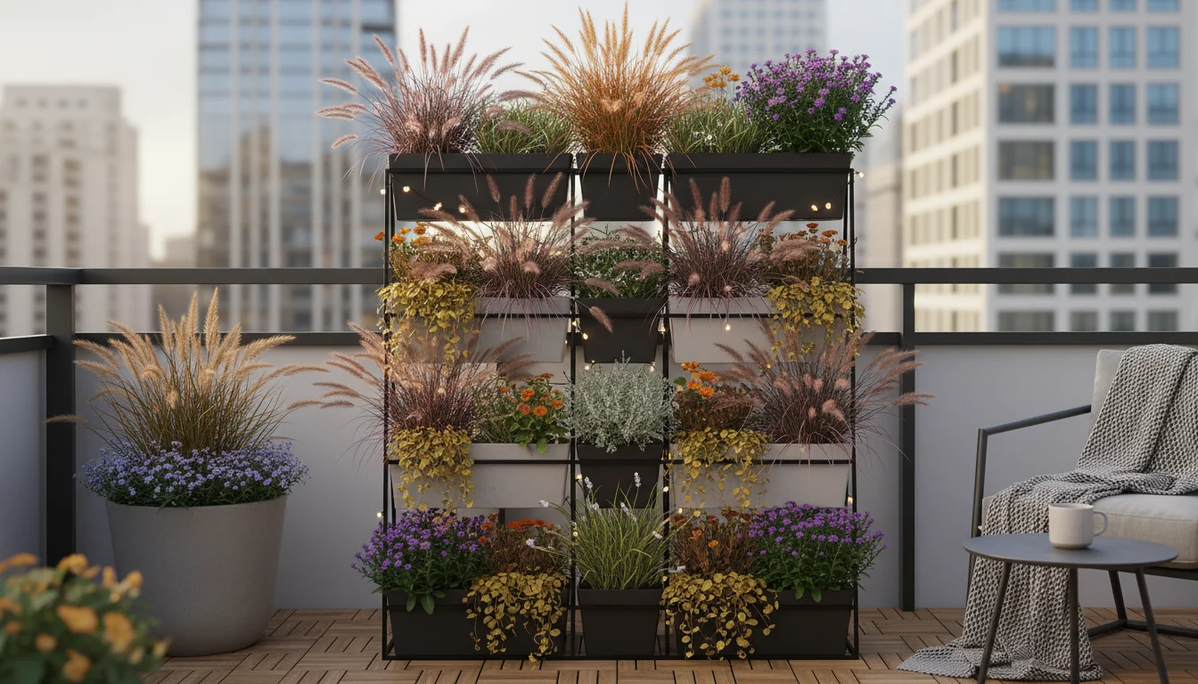 A compact vertical garden on an urban balcony displaying various ornamental grasses in fall colors in different pots, with hands tending to a plant.