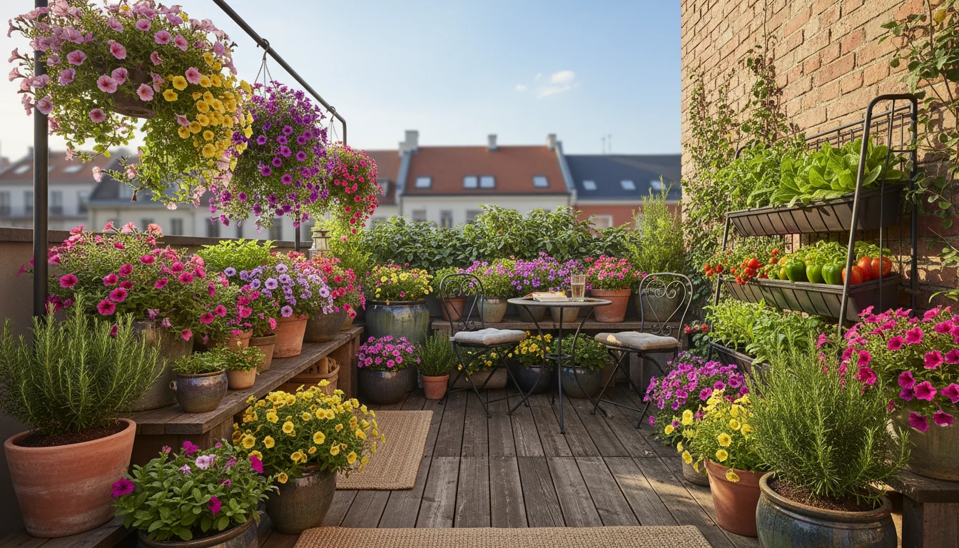 Wide-angle view of a compact, vibrant spring container garden on an urban patio, with gardening gloves and a journal on a side table.