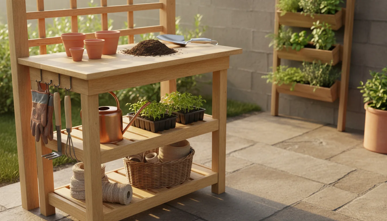 Compact wooden potting table on a patio, with potting supplies on top and gardening tools neatly stored on shelves below and hooks on the side.