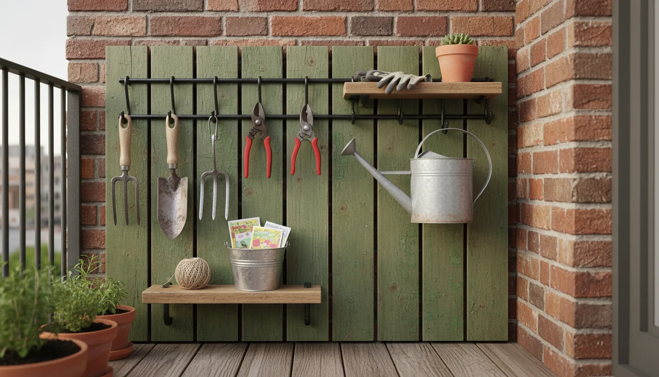 Eye-level view of a compact wooden vertical tool organizer on a balcony wall, holding hand tools, secateurs, gloves, and a watering can amidst contain