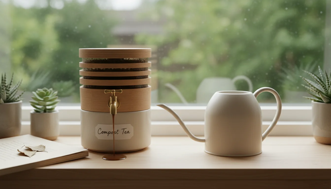 A compact worm bin on a window sill with compost tea liquid filling a small watering can, alongside organic coir seed mix and organic seed packets on 