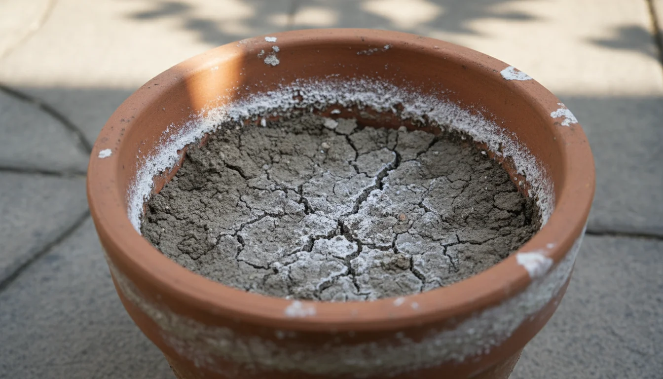 Close-up of compacted, dry soil in a terracotta pot, with white salt crust on the surface and rim.