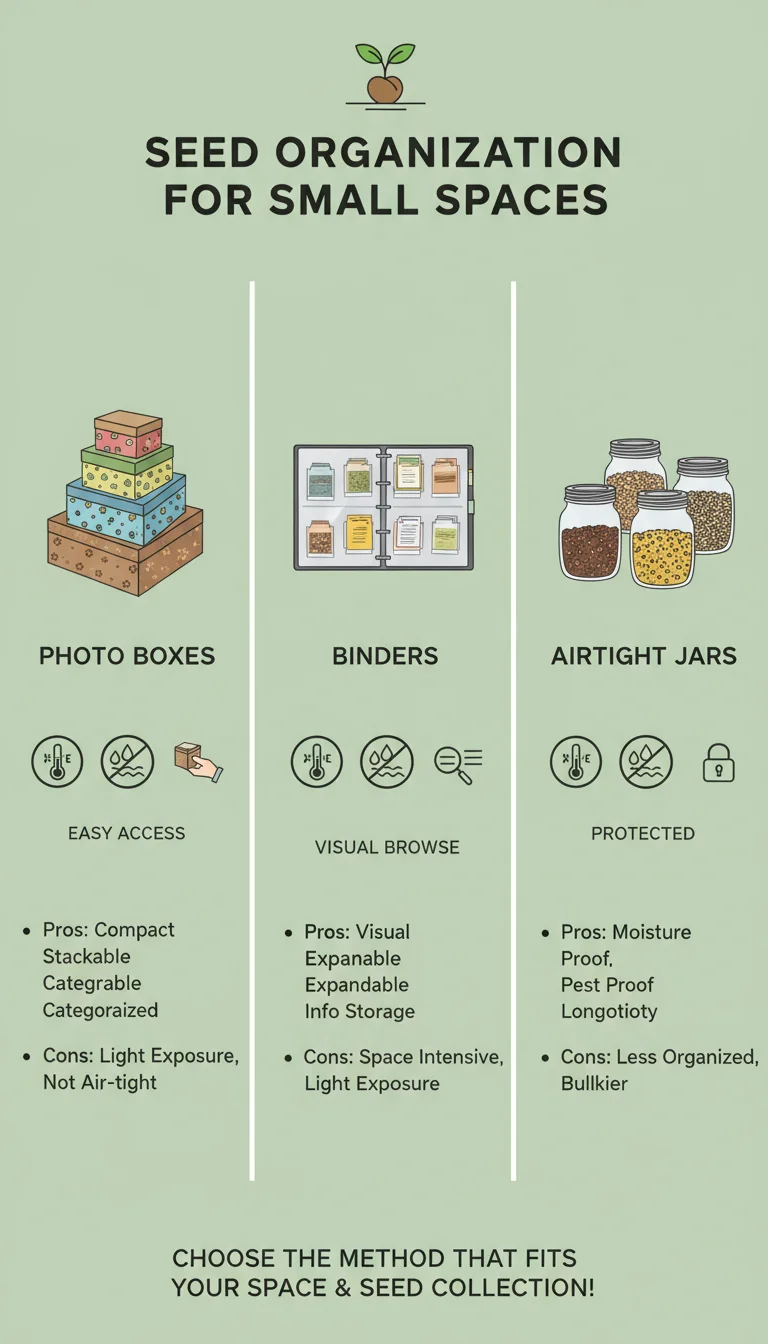 Infographic comparing seed storage methods: photo boxes for organization, binders with clear sleeves for easy viewing, and airtight jars for humidity control. Icons show ideal conditions for each.