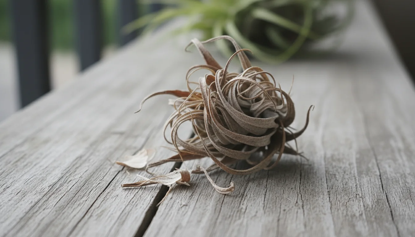 A completely brown, shriveled, and brittle air plant, with tiny fragments flaking off, rests on a weathered wooden shelf.