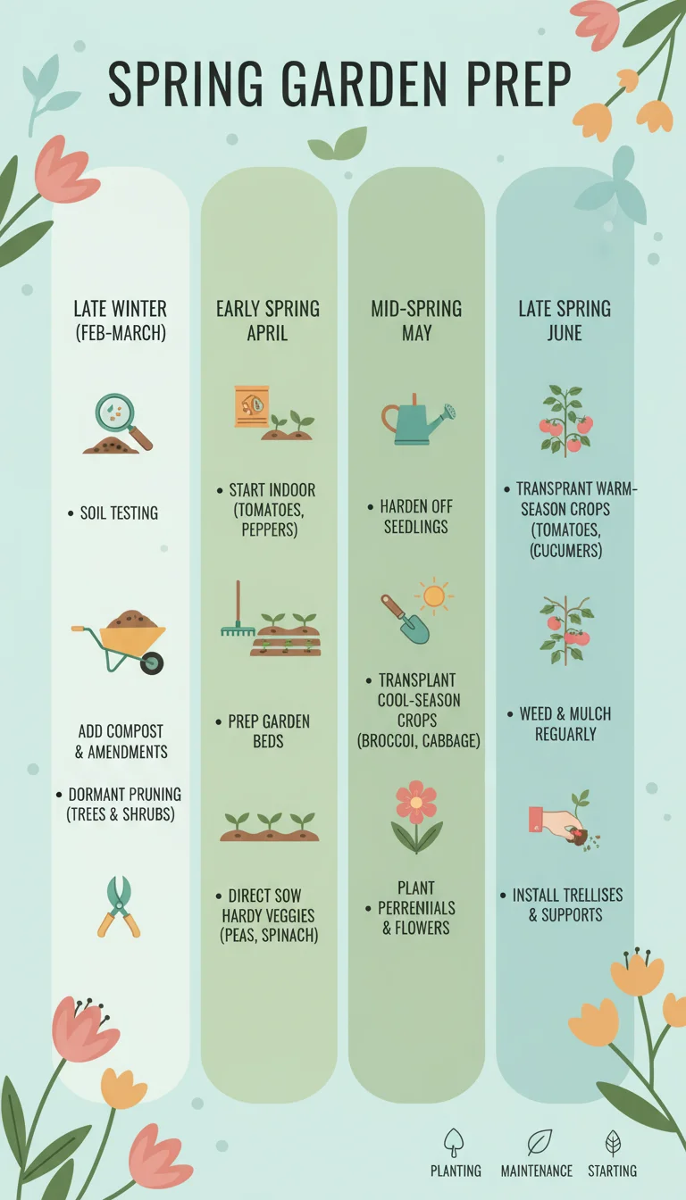 Infographic depicting a comprehensive spring garden preparation timeline with monthly tasks from February to May.