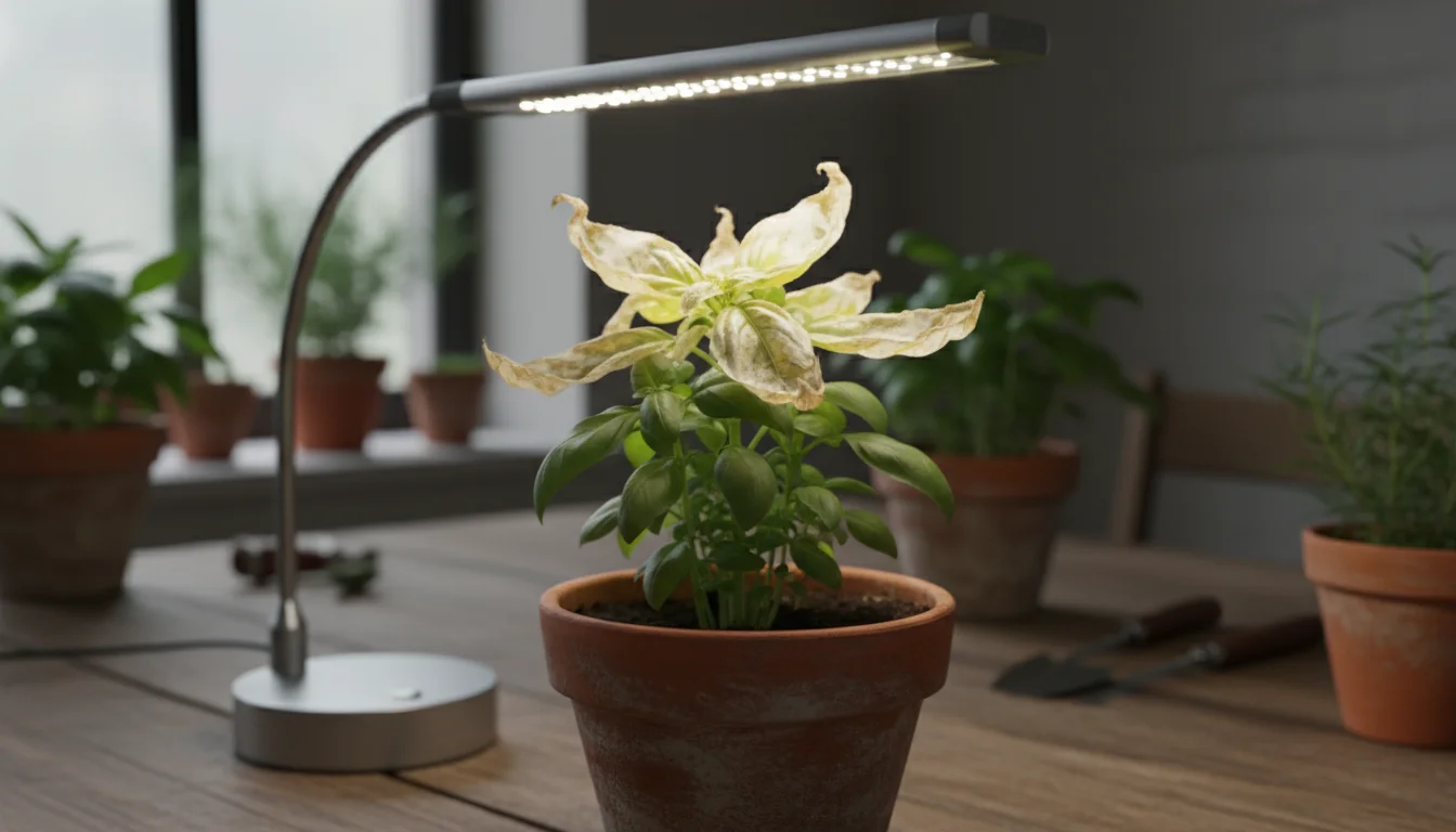 Close-up of a container basil plant with severely bleached, yellowed, and crisping leaves directly under a low-hanging LED grow light.